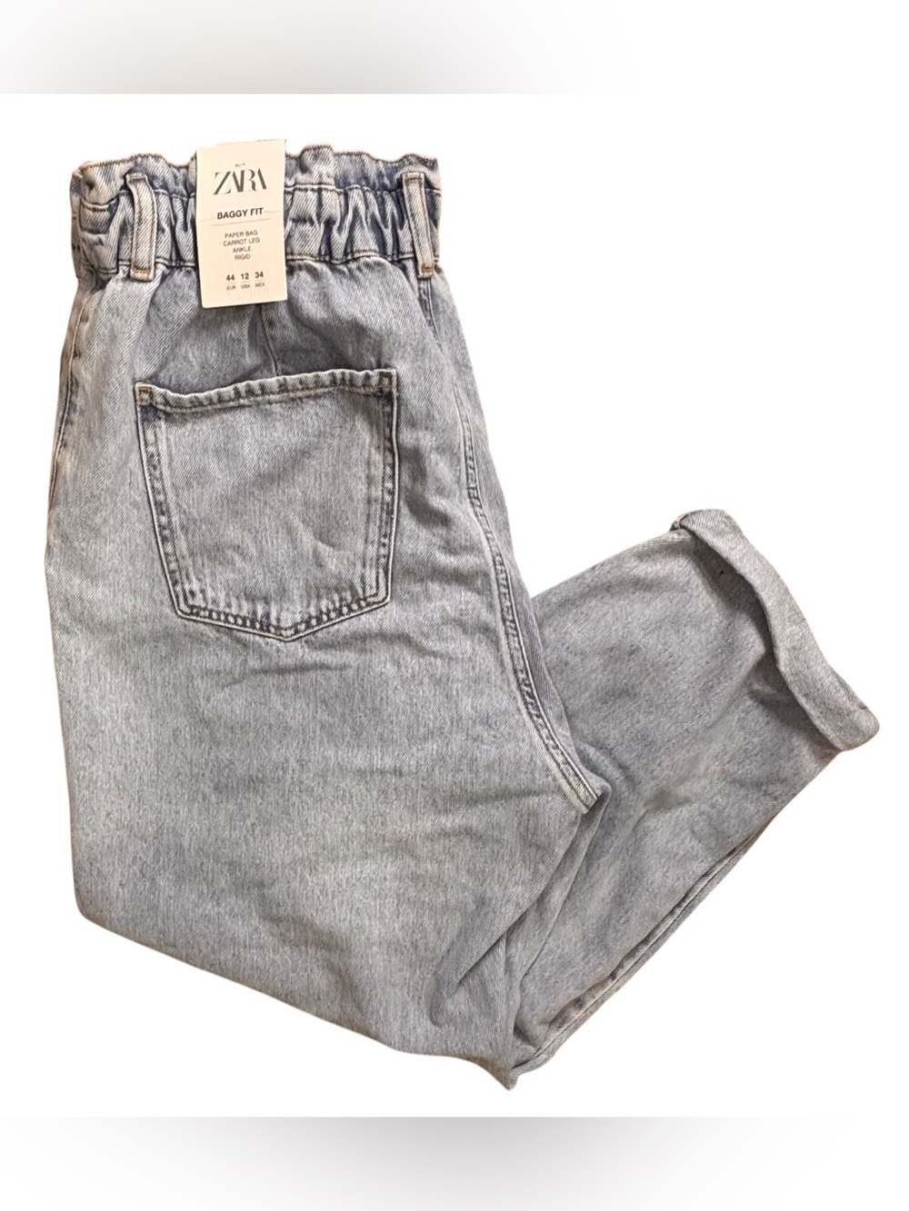 NWT Zara Paperbag Waist Baggy Carrot Ankle Jeans Light Wash Size 12
